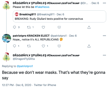Twitter conversation asking why only republicans get Covid: "Because we don't wear masks. That's what they're gonna say."
