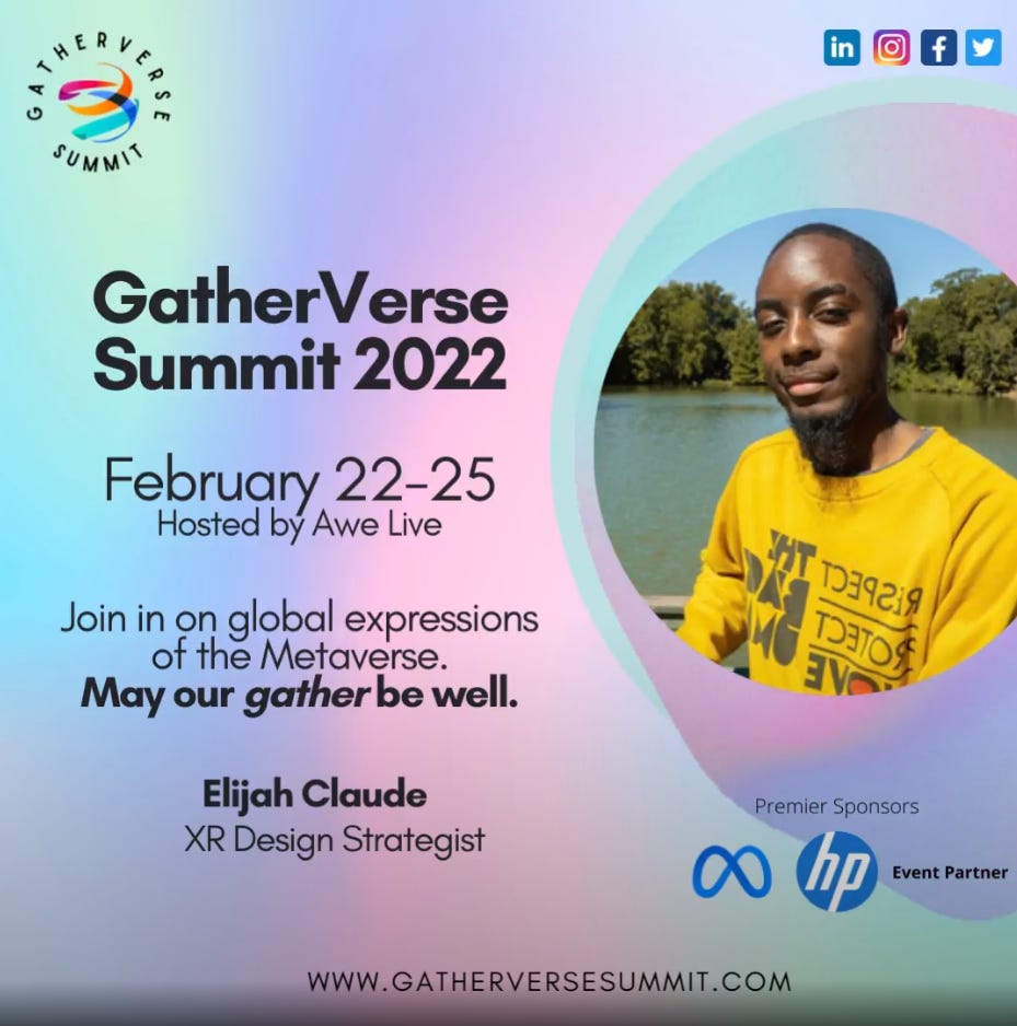 My Speaker Card for the Gatherverse Summit. Title of the summit on the left, with my headshot (black young man wearing a yellow sweater), on the right. 