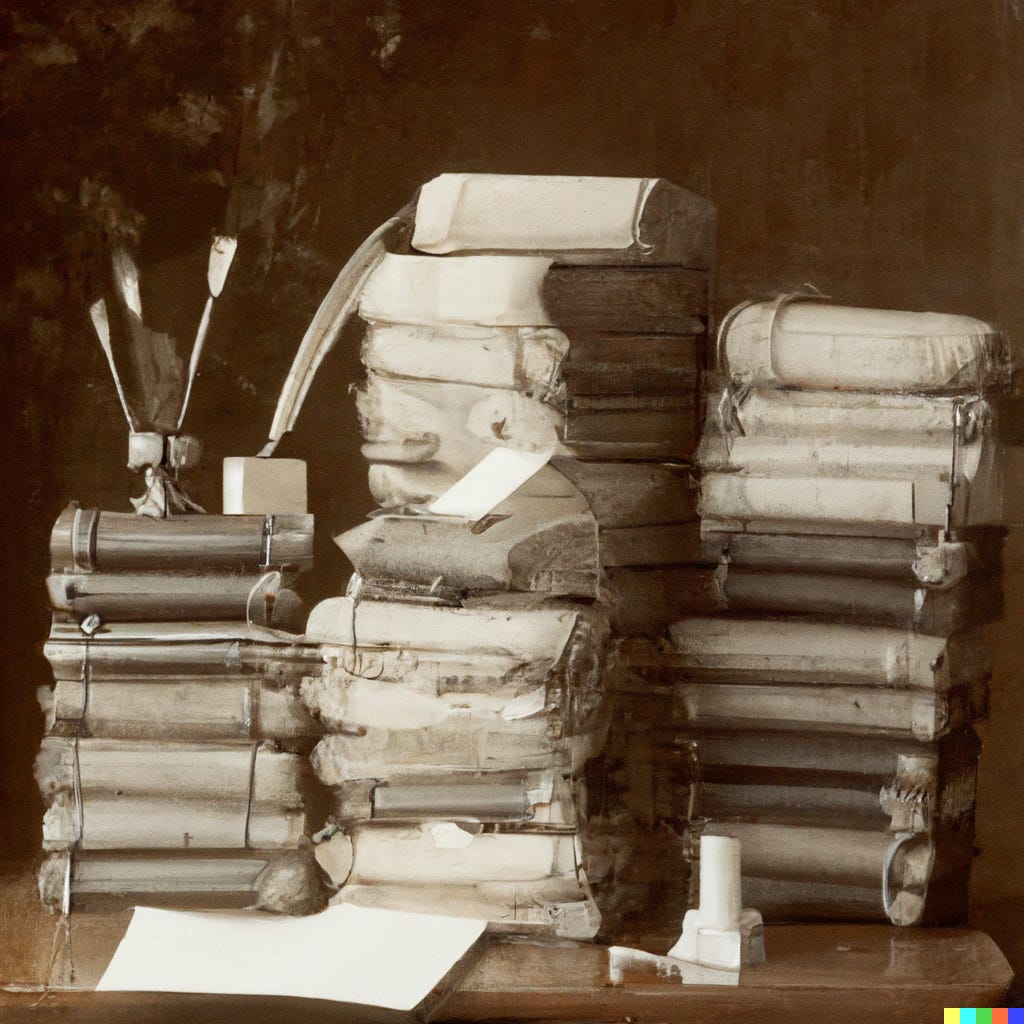 an AI-assisted image of vintage books piled on a desk
