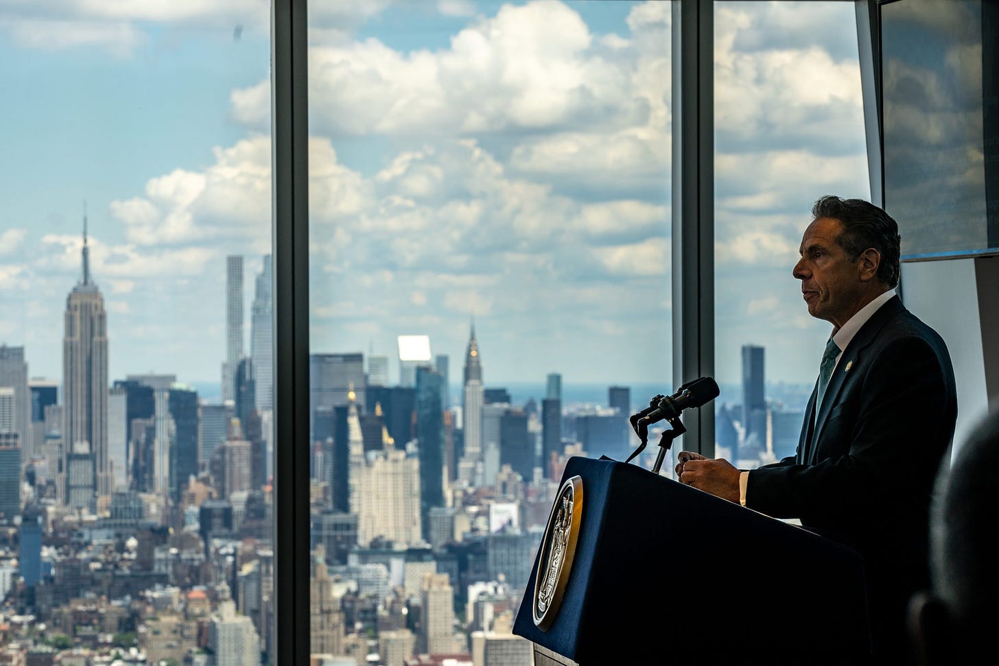 New York Gov. Andrew Cuomo speaks during a press conference at One World Trade Center on June 15, 2021 in New York City. (Photo by David Dee Delgado/Getty Images)