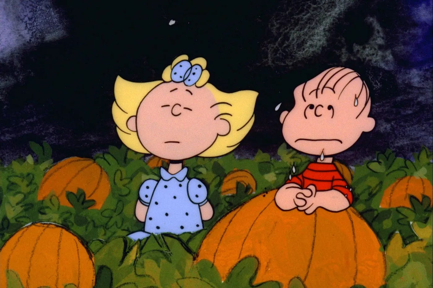 Still from It's the Great Pumpkin Charlie Brown. Sally and Linus in the pumpkin patch waiting for The Great Pumpkin. Sally looks like she is trying to keep her cool. Linus is nervous.