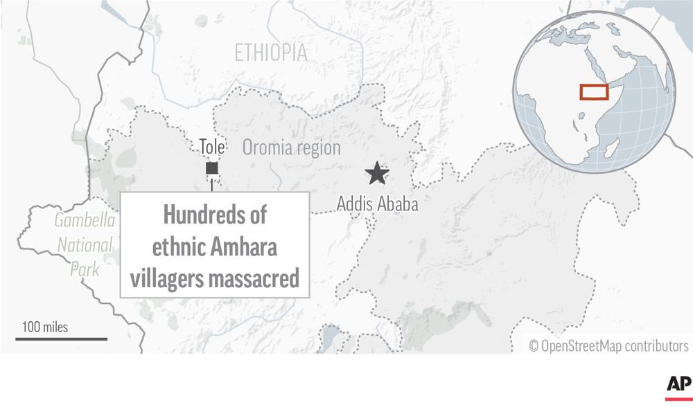 Hundreds of people were slaughtered in a village and its surroundings this month in the latest explosion of ethnic violence in Ethiopia. (AP Graphic)