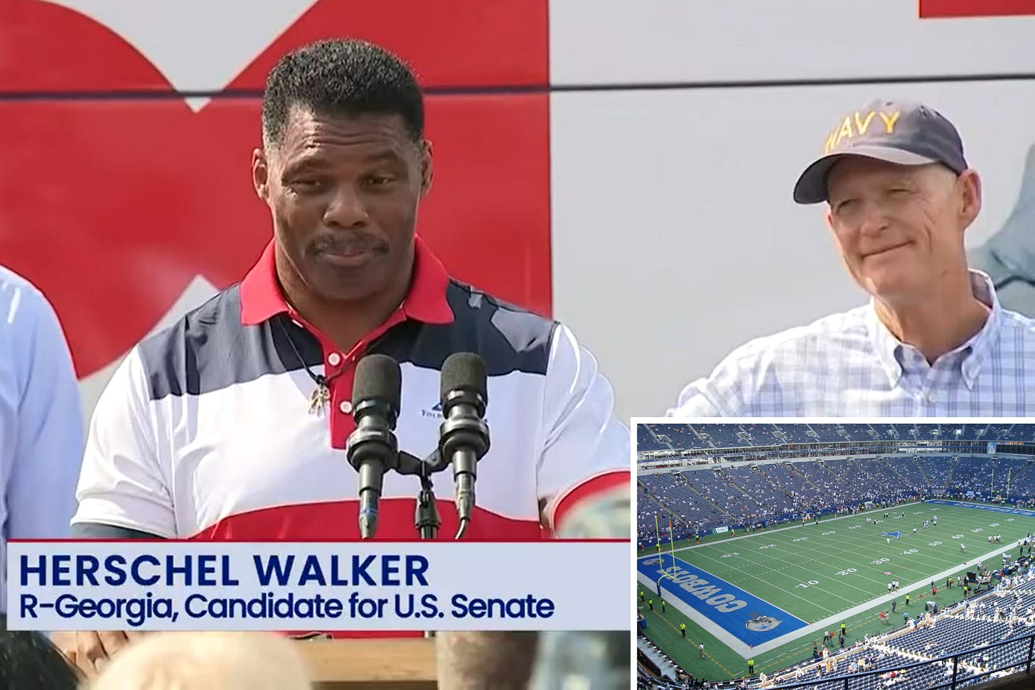 Herschel Walker looking confused while speaking at a campaign rally next to Senator Rick Scott. A second image in a small box shows a football field. Herschel Walker looking confused while speaking at a campaign rally next to Senator Rick Scott. A second image in a small box shows a football field.