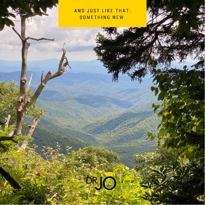 The hike through the mountains gives way to an opening between trees that reveals a vista of green mountains. Text says, "And just like that: something new."