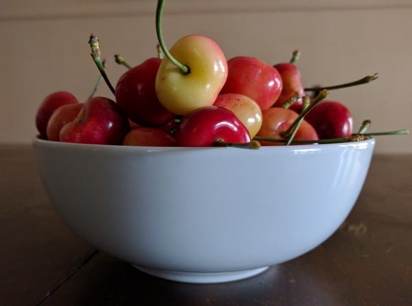 It's cherry season, the second-best time of year. (Peach season is coming up.) Thanks Mom!