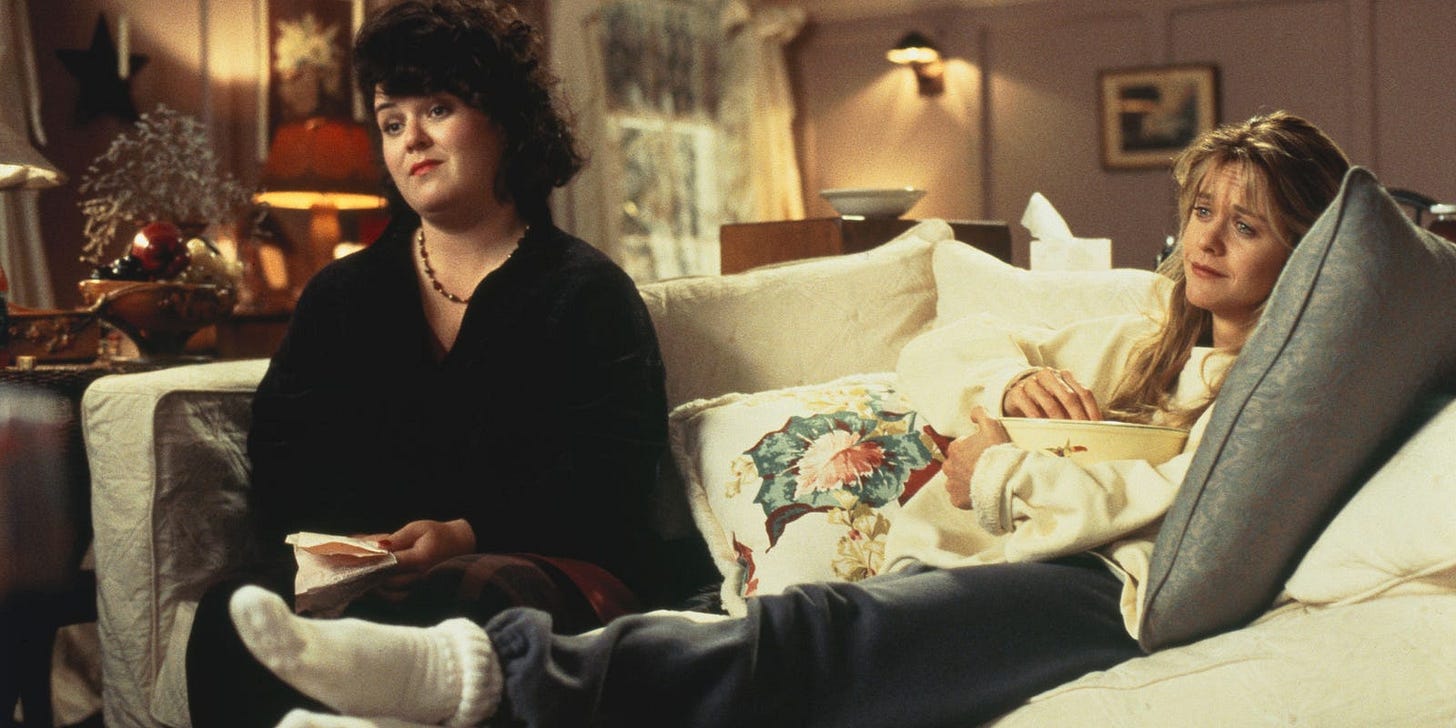 Rosie O'Donnell and Meg Ryan watching TV in Sleepless in Seattle