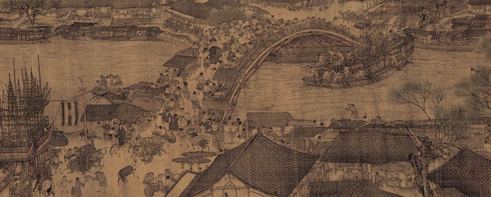 A section of the Qingming Shanghe Tu painting on silk scroll depicting a bridge packed full of food and drink vendors and pedestrians