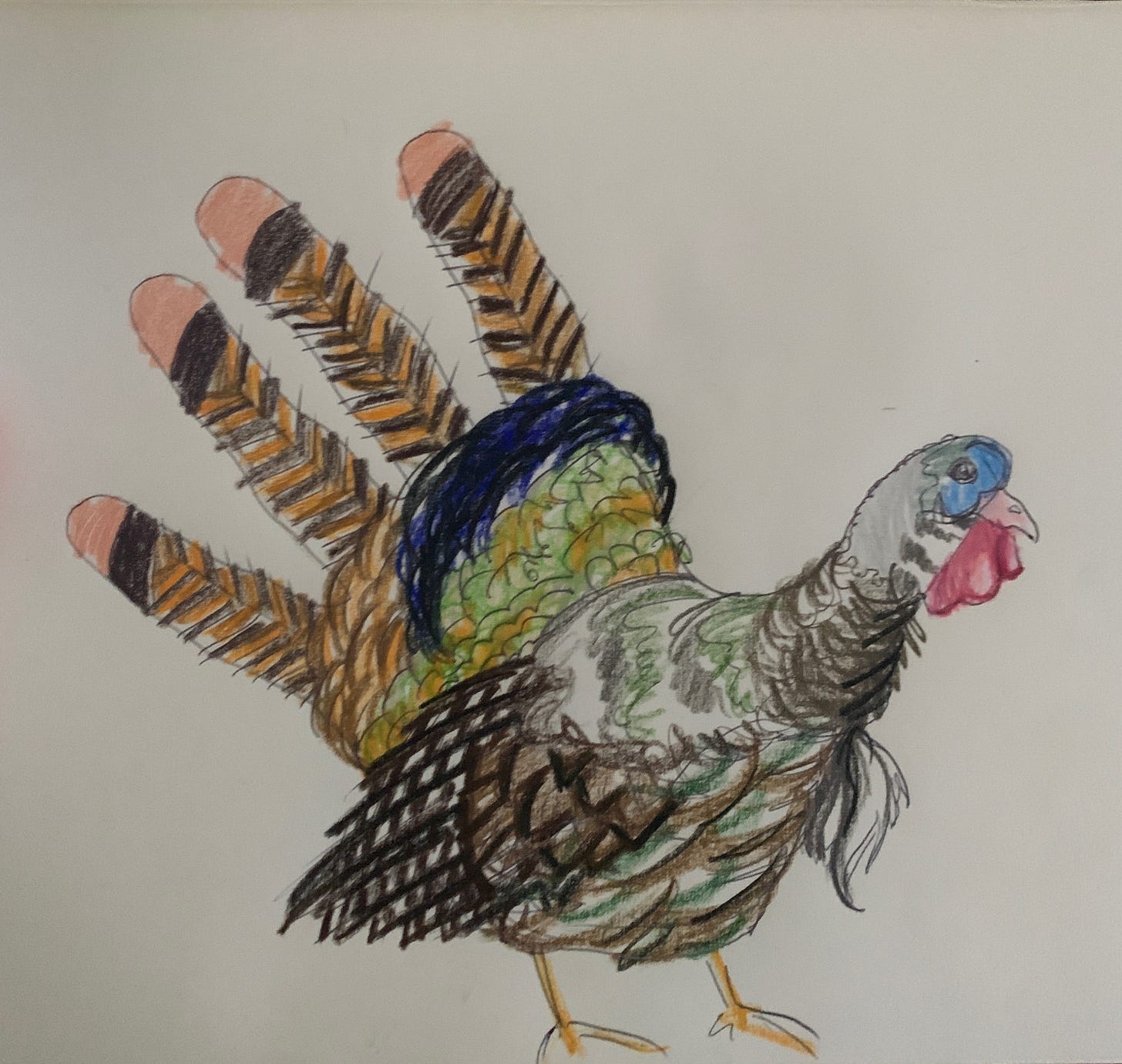 A turkey drawn from the traced outline of a hand. He looks VERY REALISTIC, except that his tail is clearly four fingers colored to look like turkey feathers. The overall effect is disturbing.