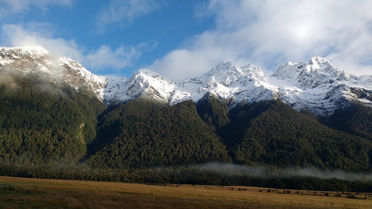 Snow-capped mountains on the South Island of New Zealand.