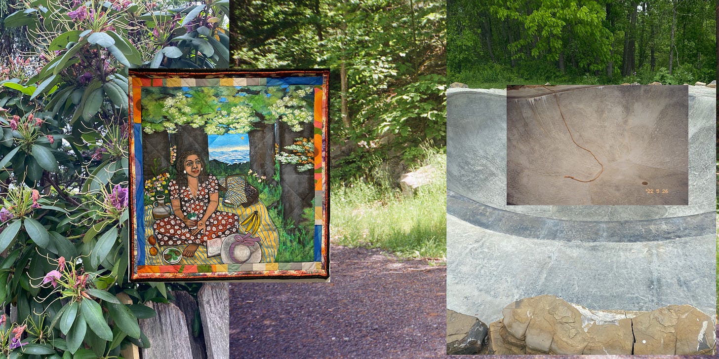 A collage with a Faith Ringgold quilt placed over a picture of a rhododendron tree and a sunny trail in the woods. To the right is a picture of an empty skate bowl surrounded by trees and rocks. 