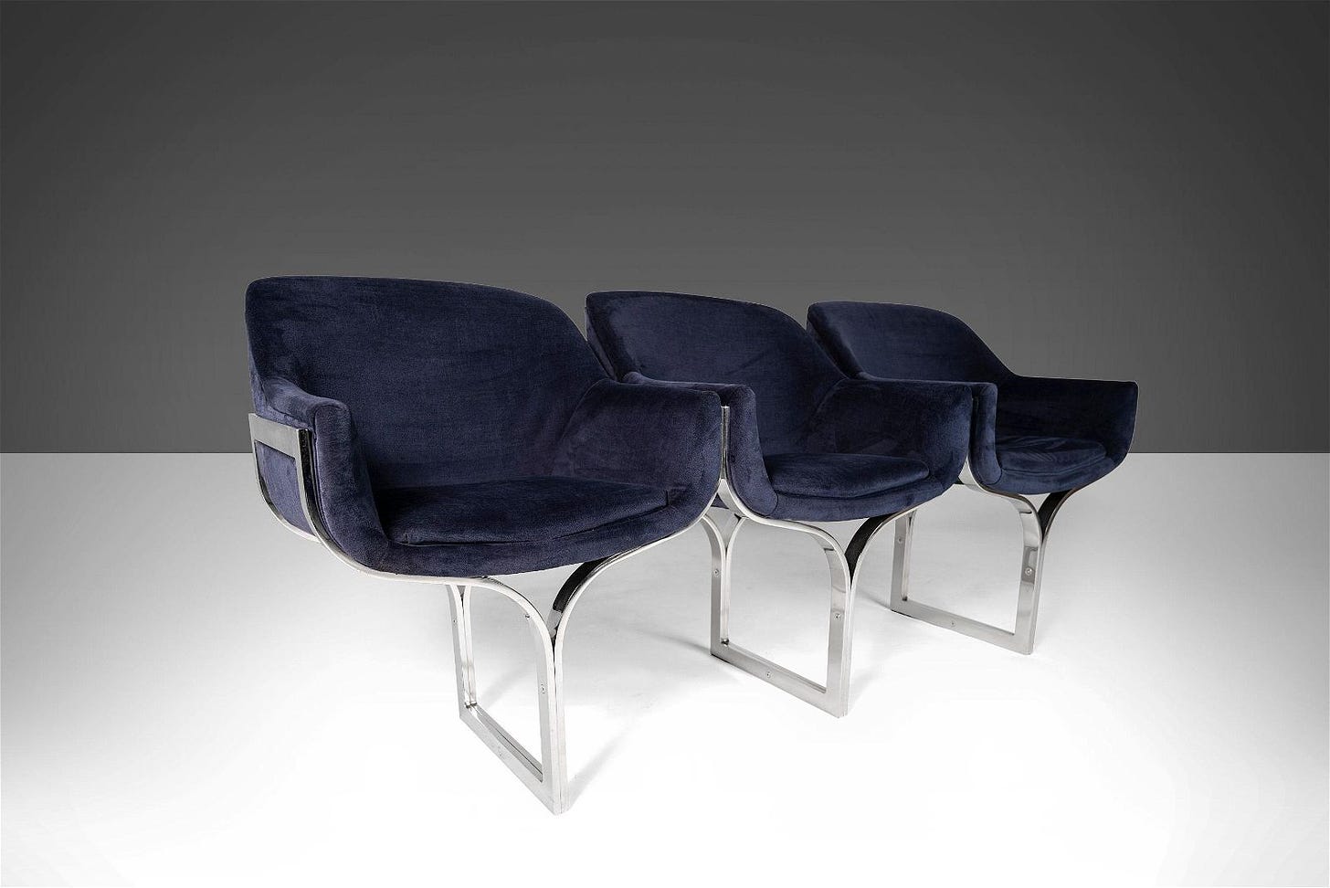 Three (3) Seat Bench / Sofa in Navy Blue Velvet Set on a Chrome Base Attributed to Milo Baughman c.