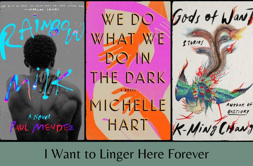 Covers of the three listed books in a row, above the text ‘I Want to Linger Here Forever’ on a green background.