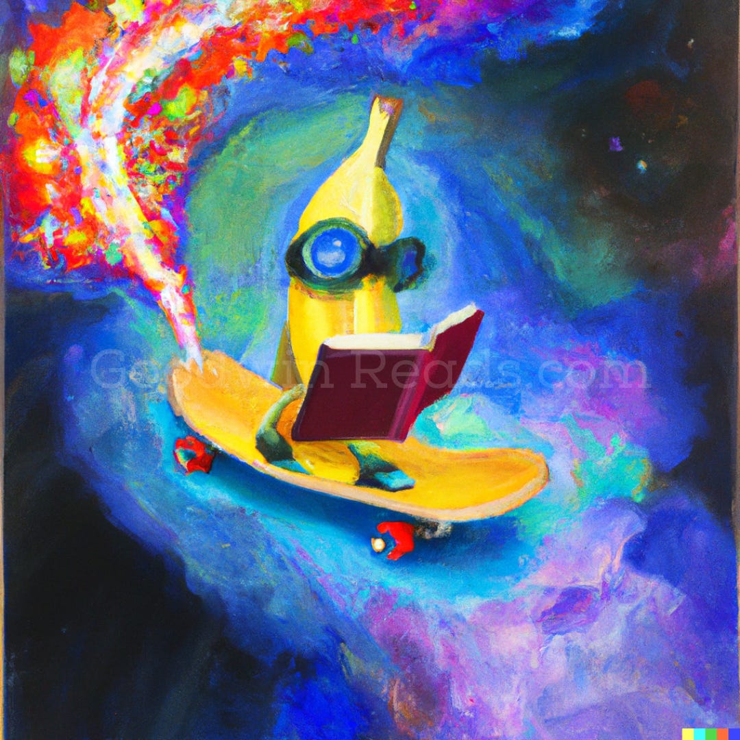 #4—Oil painting of banana reading while skateboarding, depicted as a star nebula