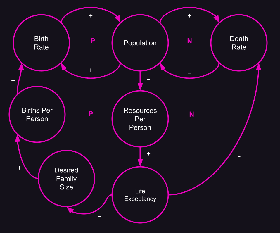 Adding resources, life expectancy, desired family size, and births per person to the diagram