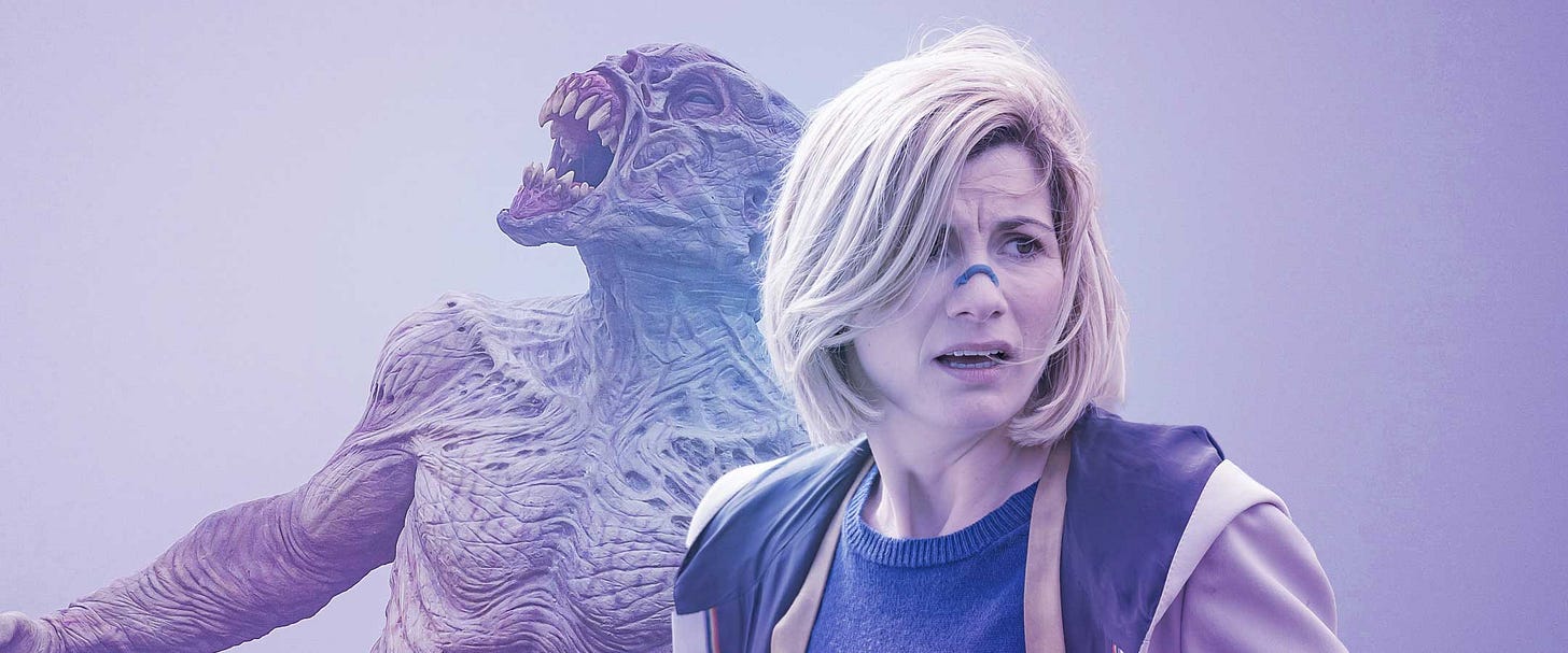 This double image shows a snarling Dreg positioned behind the Thirteenth Doctor (played by Jodie Whittaker), who looks to her left with a worried expression on her face. The Doctor wears a thin oxygen-breathing strip over the bridge of her nose. This double image shows a snarling Dreg positioned behind the Thirteenth Doctor (played by Jodie Whittaker), who looks to her left with a worried expression on her face. The Doctor wears a thin oxygen-breathing strip over the bridge of her nose.