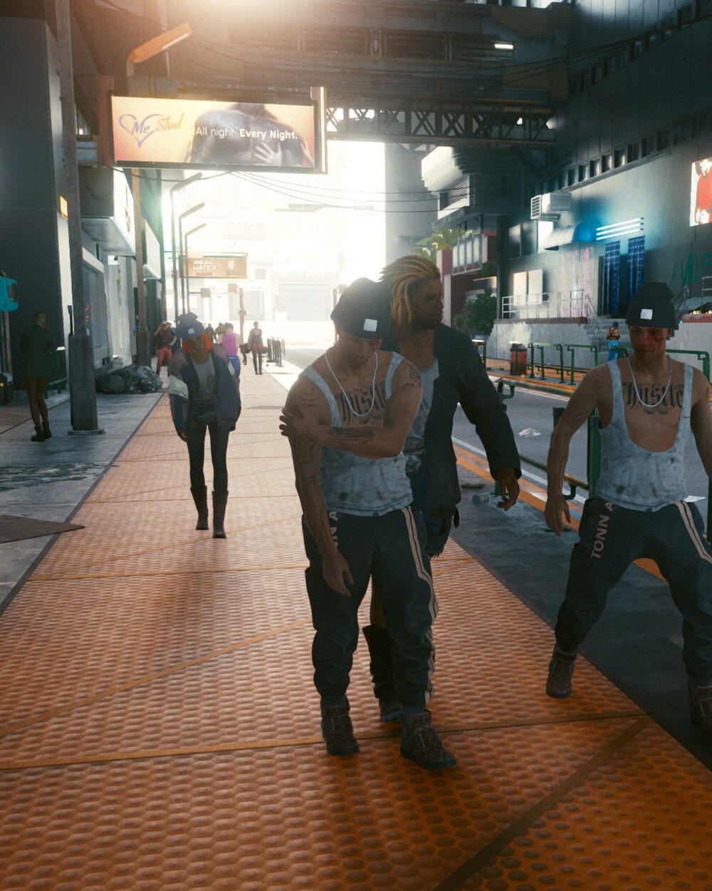 Capture from Cyberpunk 2077 showing two identical characters walking down a busy street