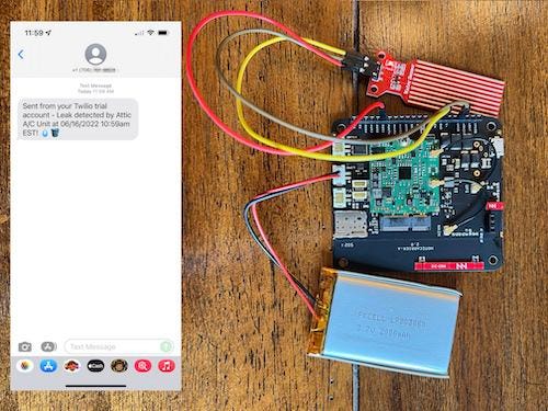 IoT leak detector device and Twilio alerts it triggers when water is detected.