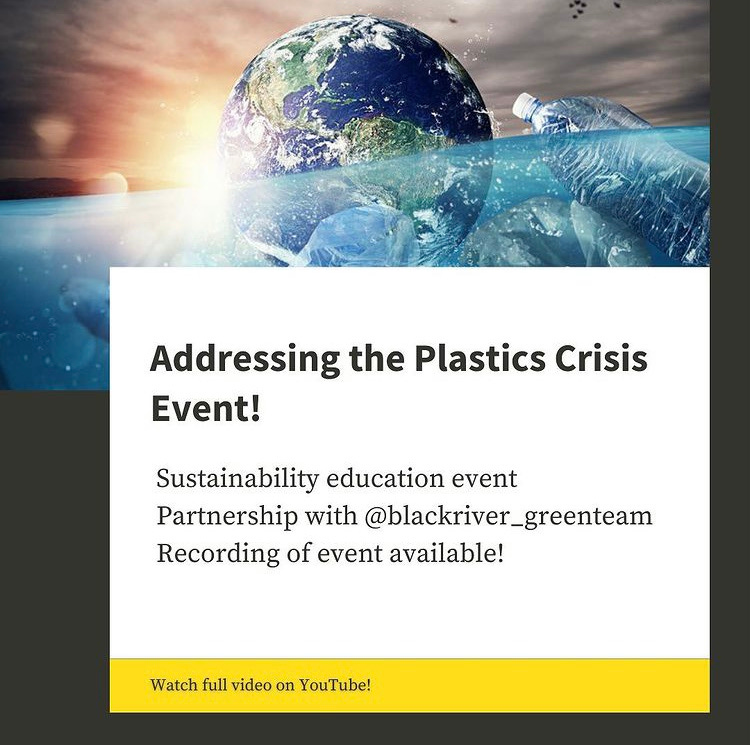 [ID: slide 1) grey background with rectangular photo of ocean with the Earth half submerged and sun burning behind it while crushed plastic sinks into the water;  this picture occupies the upper left corner and is overlapped by a white rectangle that occupies the bottom right corner and contains black text that reads “Addressing the Plastics Crisis Event!- Sustainability education event, partnership with @blackriver_greenteam, recording of event available!” A yellow rectangle at the very bottom has grey text reads “watch full video on YouTube!”.]