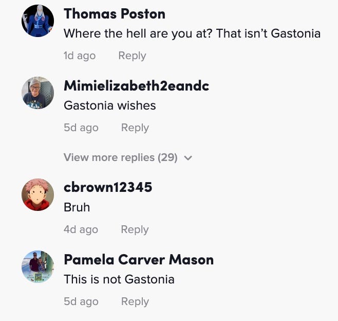 commenters saying that it's not gastonia