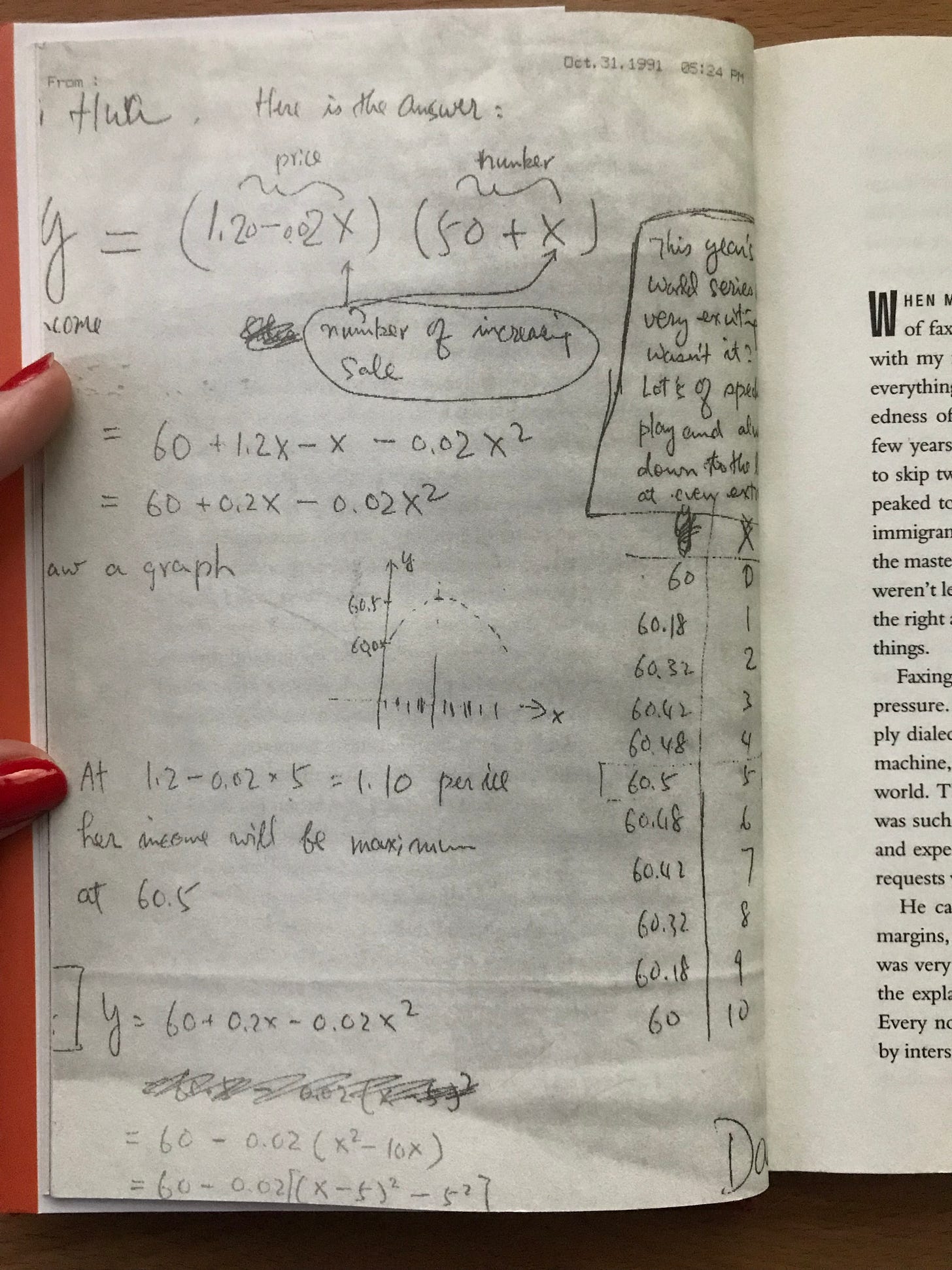 A page from a book that shows a fax with math equations and notes written in cursive from the author's father in 1991.