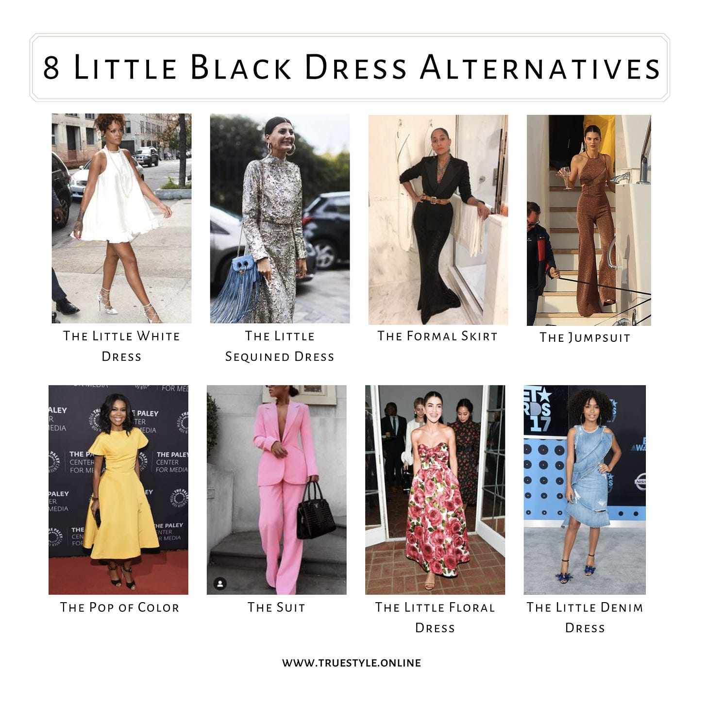 Photo collage of eight Little Black Dress alternatives. Little white dress, little sequined dress, the formal skirt, the jumpsuit, the pop of color, the suit, the little floral dress and the little denim dress.