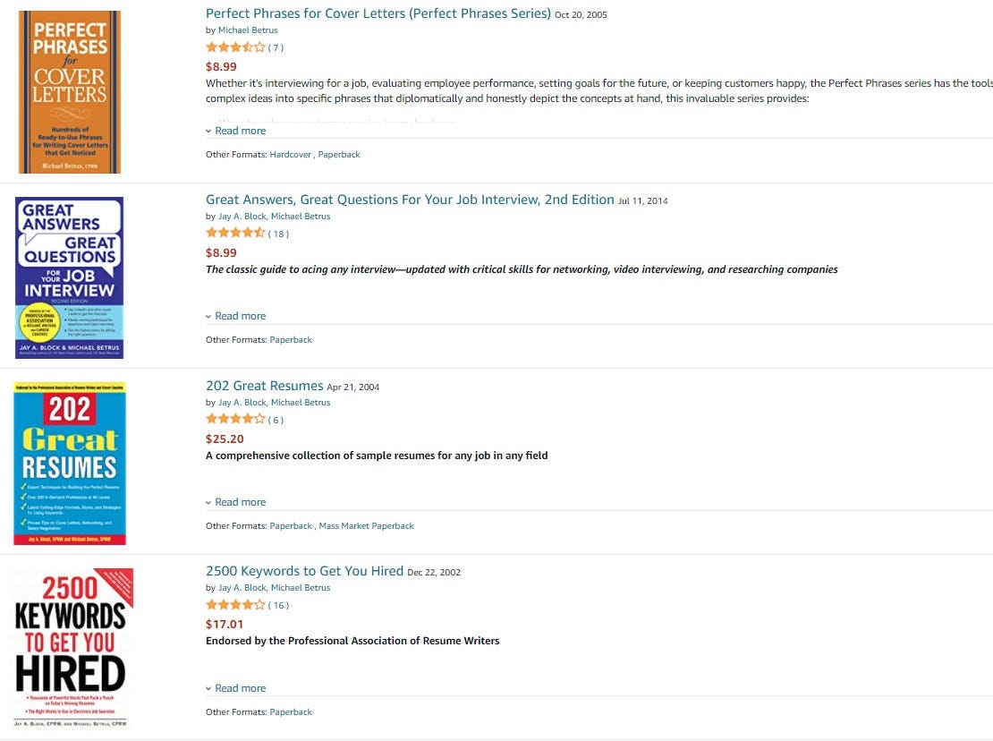 Screen cap from Michael Betrus' Amazon listing, showing the "business books" he's written and their cover art.