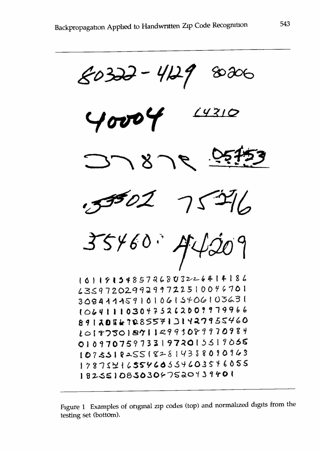 Scanned page from Yan LeCun's machine learning paper showing examples of handwriting and then normalized digits from the testing set.