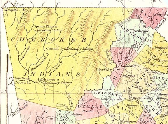 Map of Cherokee territory within present-day Georgia as of 1830. Gold was discovered northwest of Gainesville on the edge of Cherokee territory. Image credit: WIkimedia Commons.
