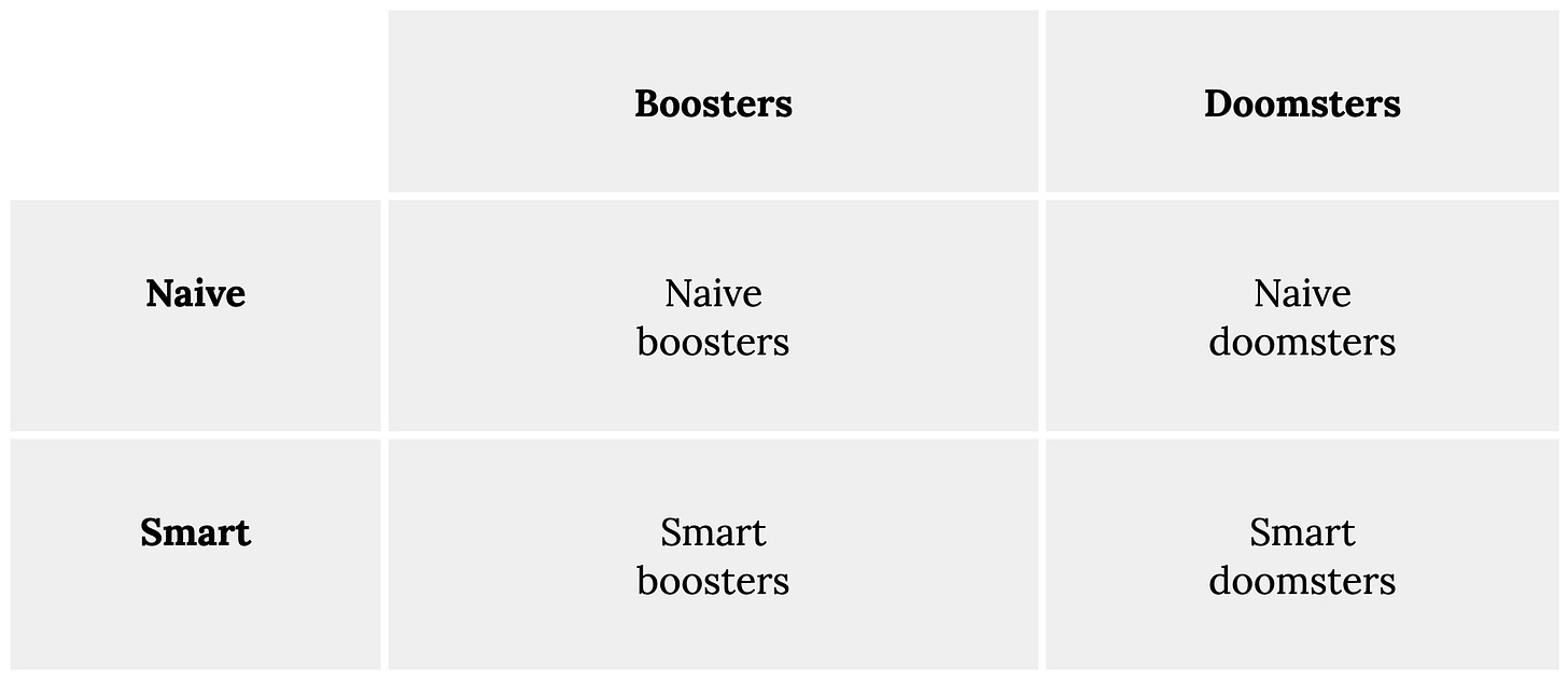 Two by two table comparing naive and smart boosters and doomsters