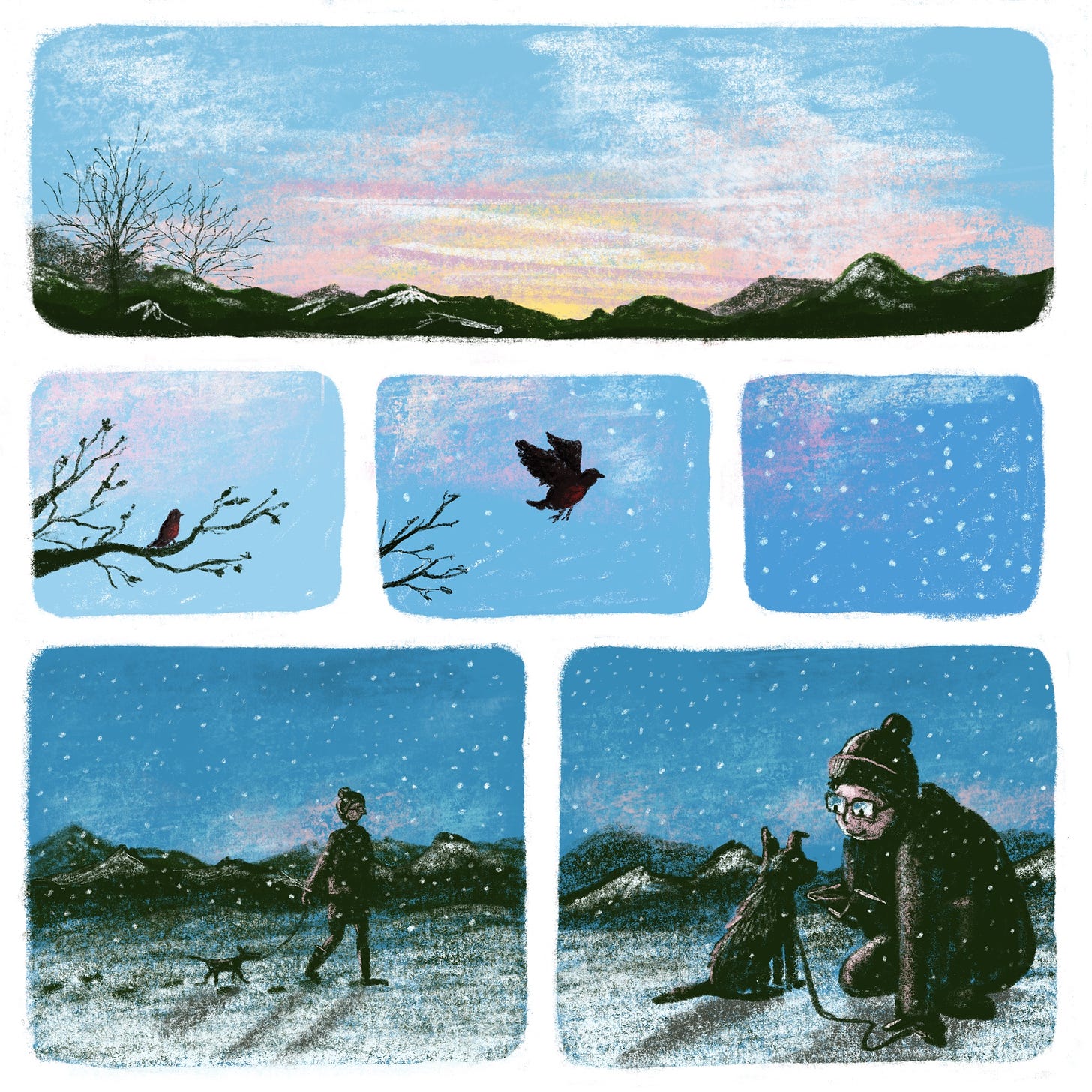 Image description: A six panel comic. The first panel shows a long panoramic view of a clear sunset sky over mountains, with bare winter trees in the foreground. Below, thee small panels show a robin sitting on a branch, then flying off the branch, and then a light snow beginning to fall. On the bottom row, two panels show first, a human and dog walking in front of the mountains as the snow begins to fall. In the last panel, the human crouches down and offers the dog a treat.