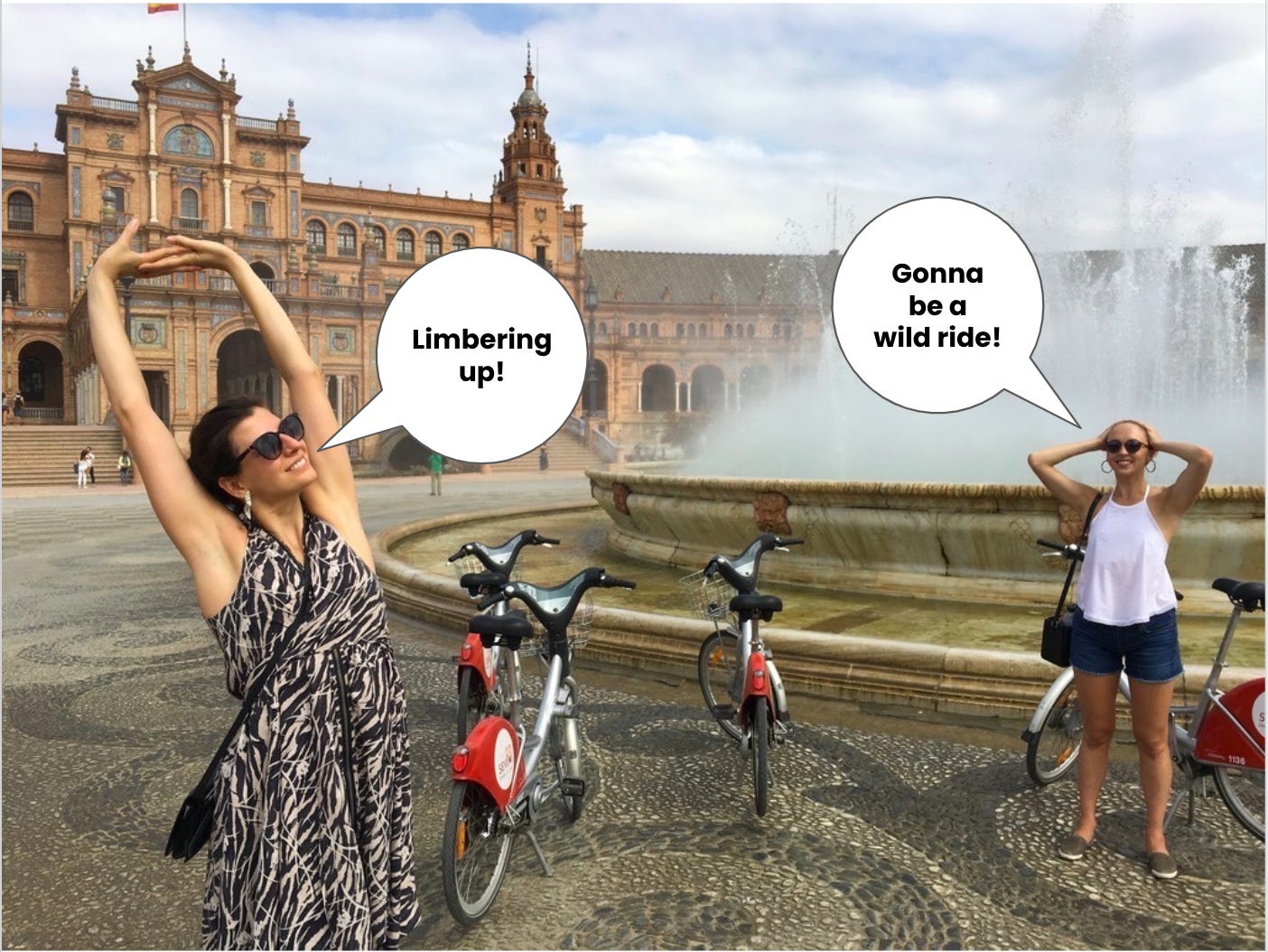 Kasia and Jean Ellen stand in front of bicycles in Spain. Their text bubbles say "Limbering up!" and "Gonna be a wild ride!"