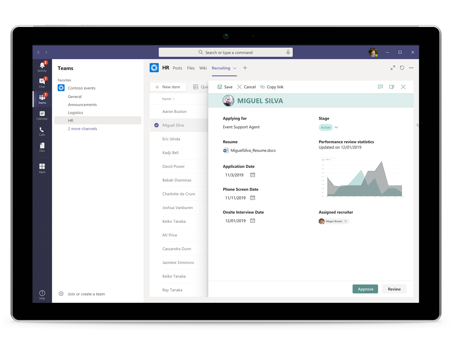 Microsoft Lists integration with Power Apps provides a custom list item view form, shown here in Microsoft Teams on a tablet.