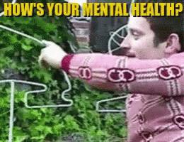 GIF of Elijah Wood running his finger over a metal wire. Caption: How's Your Mental Health? Elijah Wood: Terrific!!