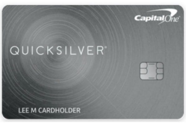 A front view of the CapitalOne Quicksilver credit card.