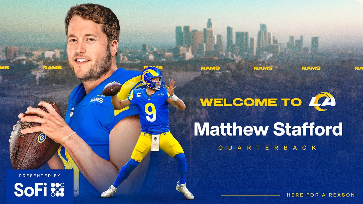 Los Angeles Rams on Twitter: &quot;Here for a reason. Welcome to LA, Matthew  Stafford! 🙌 https://t.co/6glHAnVJGY&quot; / Twitter