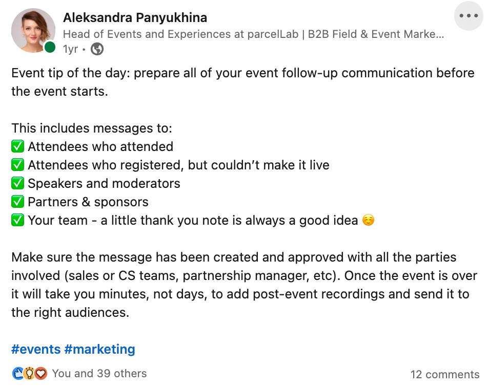 Snapshot of linkedin post with follow-up tips