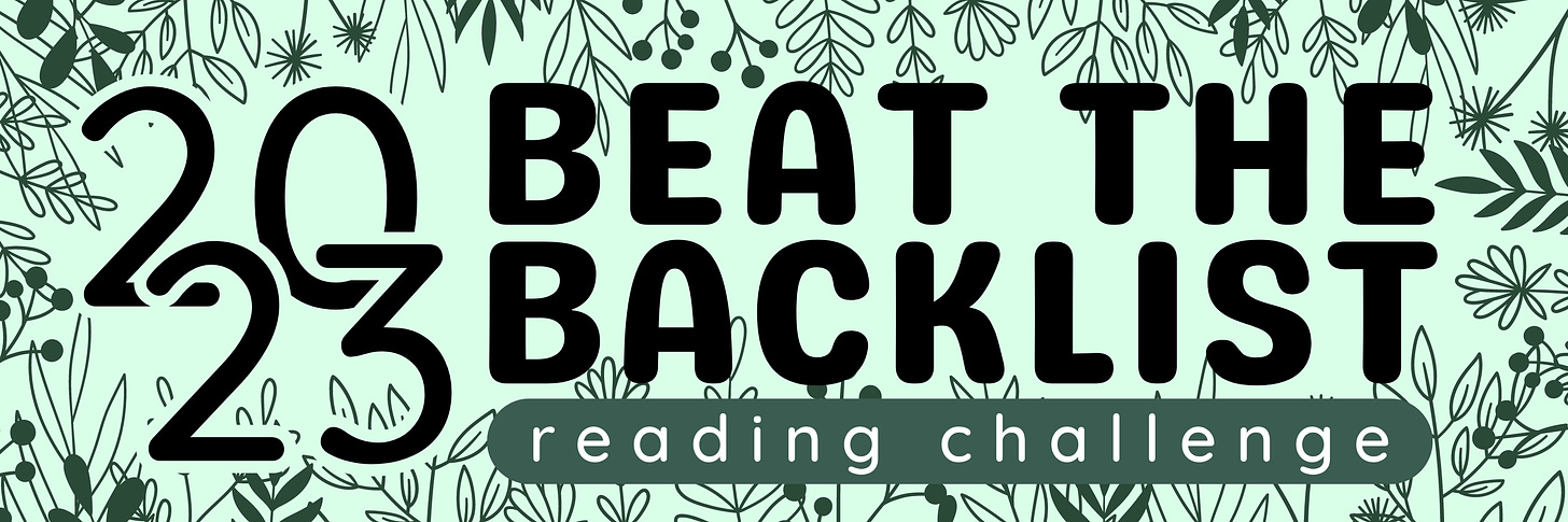 2023 Beat the Backlist reading challenge banner with a light green background and dark green plants around the edges.
