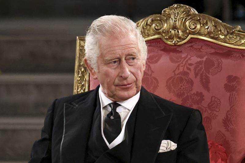 Britain's King Charles III sits at Westminster Hall, where both Houses of Parliament are meeting to express their condolences following the death of Queen Elizabeth II, at Westminster Hall, in London, Monday, Sept. 12, 2022. Queen Elizabeth II, Britain's longest-reigning monarch, died Thursday after 70 years on the throne. (Henry Nicholls/Pool Photo via AP)