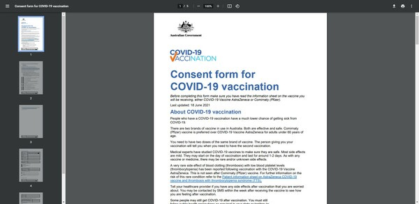 Australia's Consent form for COVID-19 vaccination