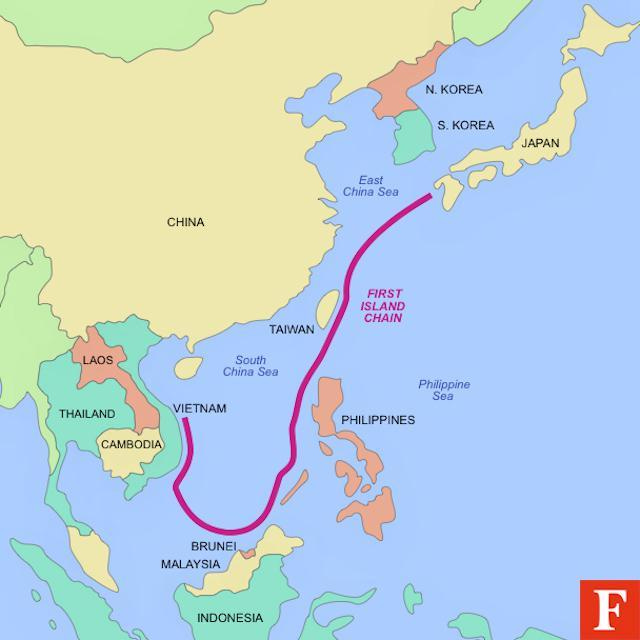 China's "First Island Chain" - Design by Luke Kelly/Forbes Staff