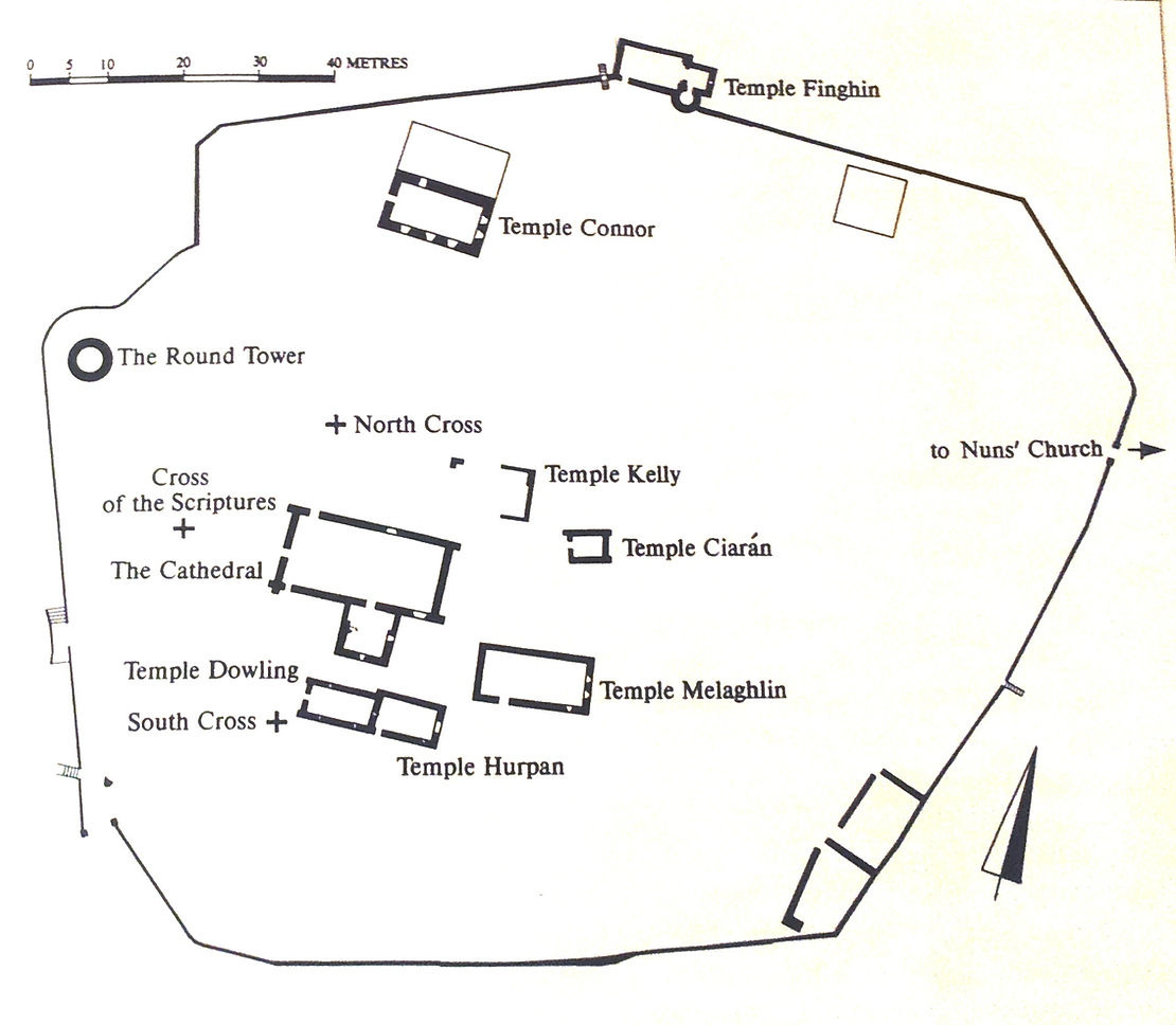 Black and white plan of the Clonmacnoise site showing the locations of all the major architectural and archaeological structures.