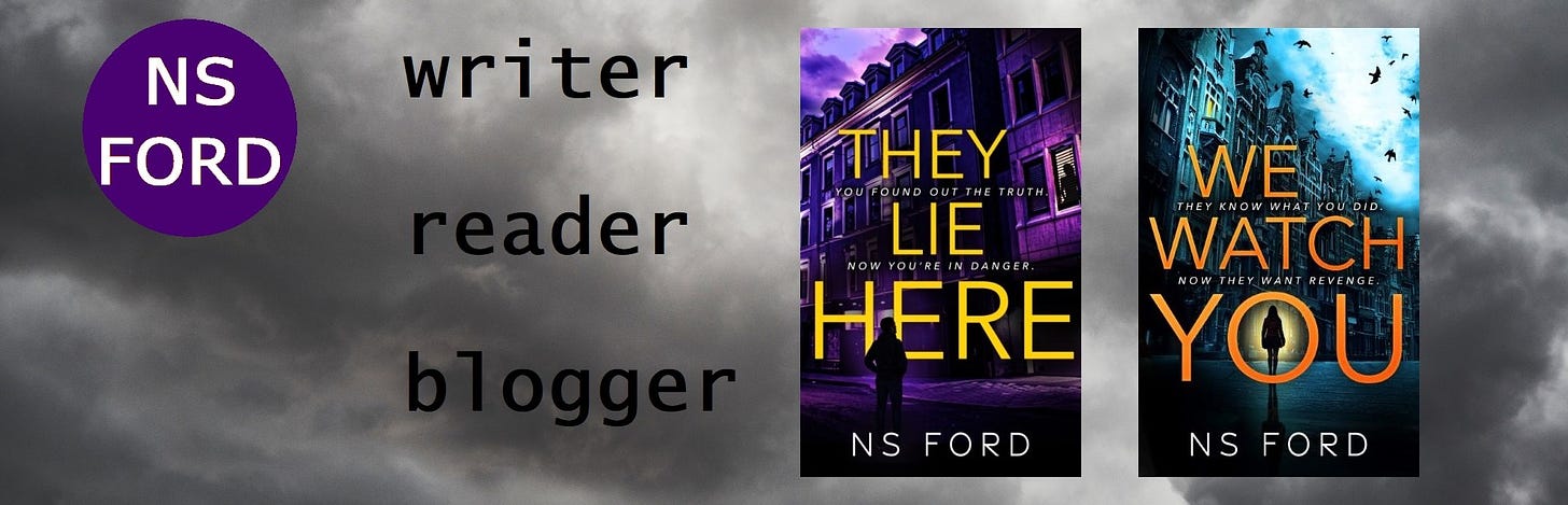 Promo banner for N S Ford including book covers for They Lie Here and We Watch You