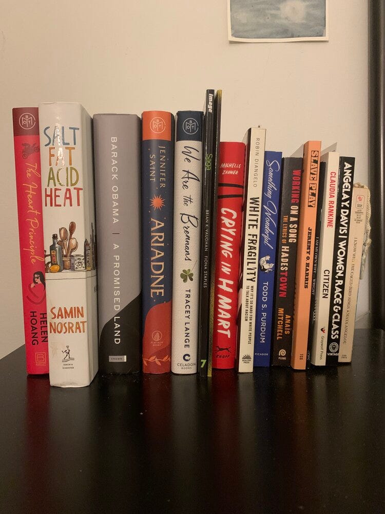 Shot of my nightstand with my Current Reads and Immediate To-Be-Read books.
