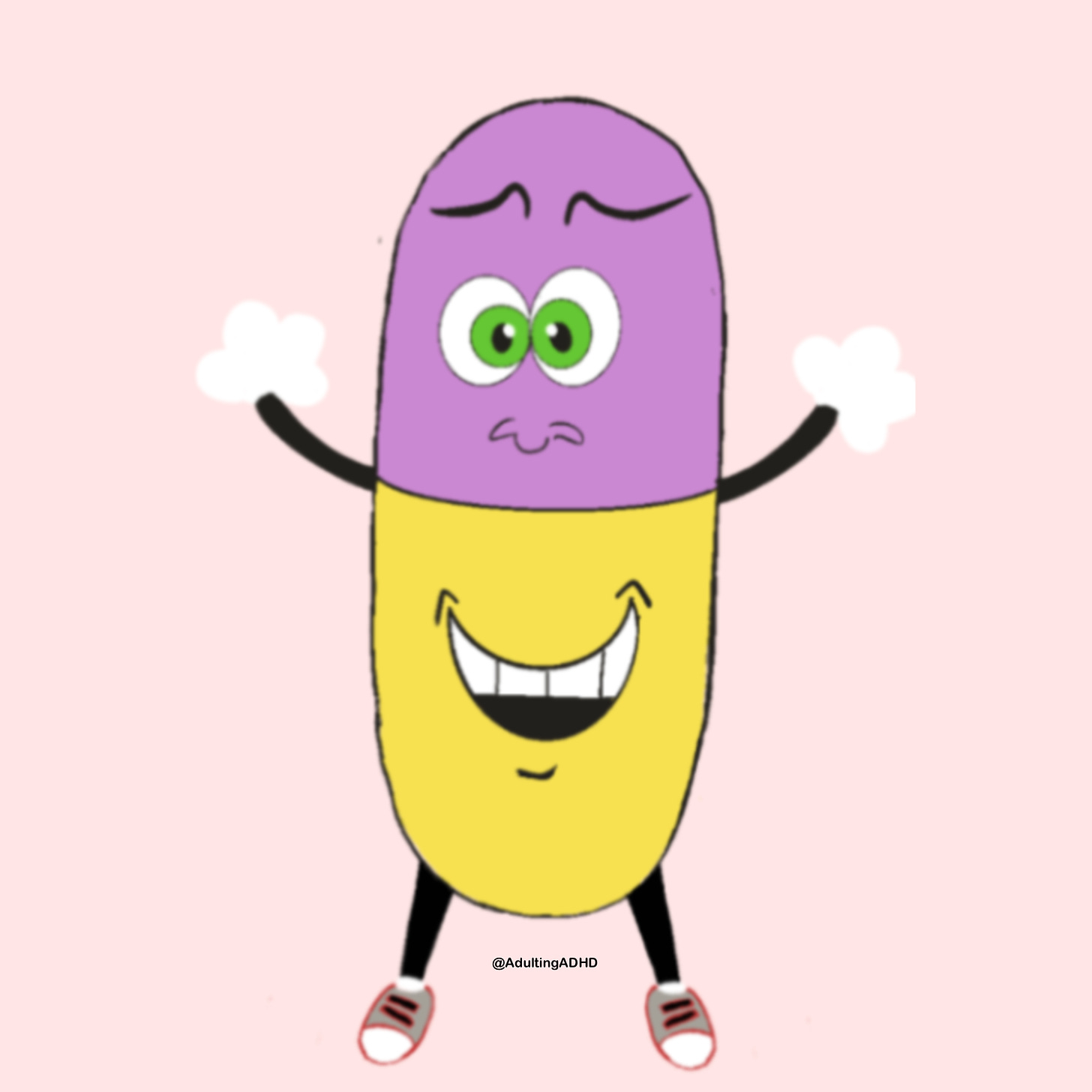 A cartoon drawing of a purple and yellow capsule pill