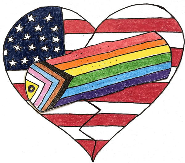The same drawing of an American flag heart with a crack down the middle as above, but this one has a drawing of a band-aid over it in the colors of the Progressive Pride flag