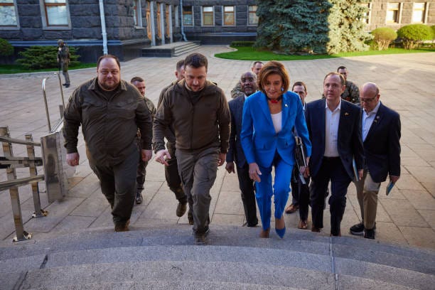 Ukrainian President Volodymyr Zelensky meets U.S. Speaker of the House Nancy Pelosi during a visit by a U.S. Congressional delegation on April 30,...