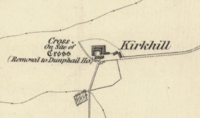 Detail from the 1870 Ordnance Survey map of the Elgin area, showing Kirkhill with a label 'Cross on the site of Cross (Remoced to Dunphail House)