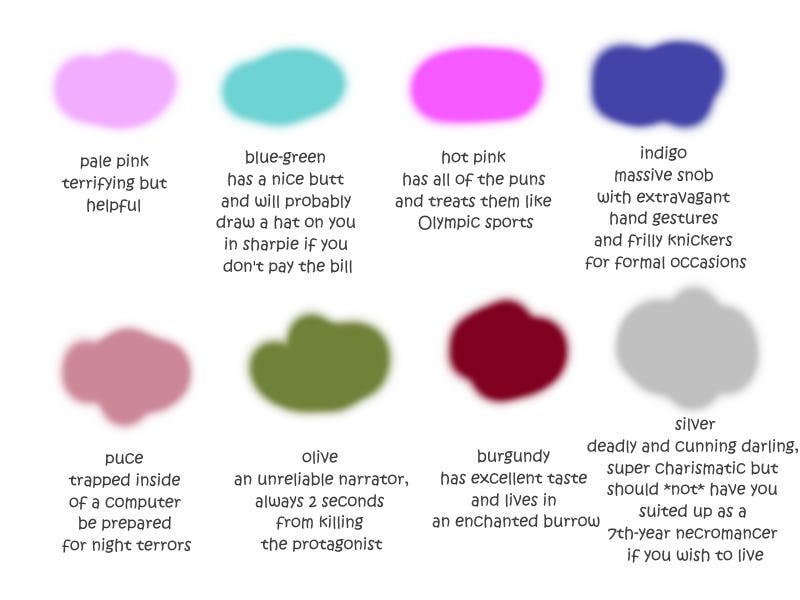 Image: reproductions of some of the color names and descriptions below