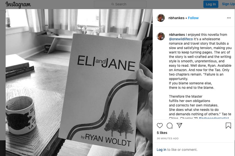An Instagram image from @NBHankes. Close up of the book "Eli and Jane" by Ryan Woldt with a coffee mug on a table off to the left. The mug has a turtle on it. Image is in black and white.