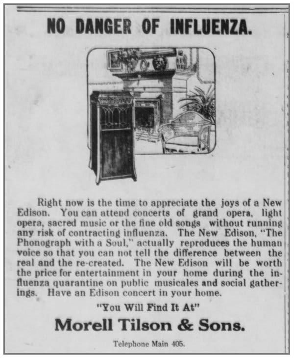 Capitalizing on a potential trend toward listening at home, the nascent record industry marketed Edison phonographs.